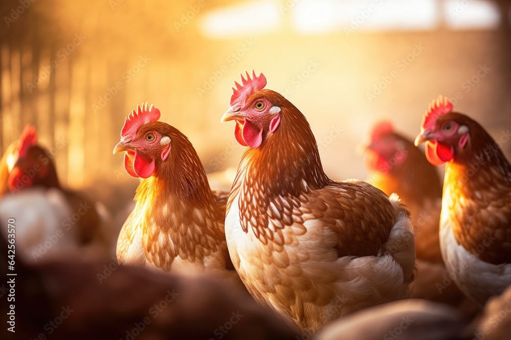 Laying hens on blurry poultry farm interior background.