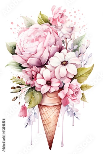 ice cream cone and flowers, watercolor illustration