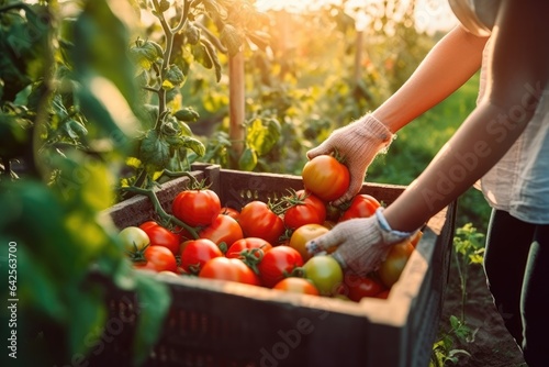 Woman farmer putting tomatoes in box on eco farm.