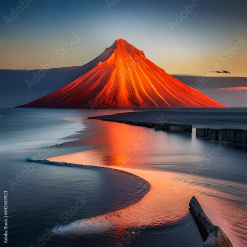 mountIain volcano eruption in the middle of sea photo