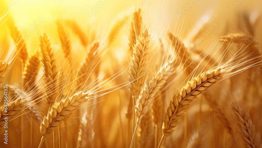 Ears of golden wheat over sunset sky. Close up beauty nature field background with sun flare. Ripening ears of meadow wheat field. Rich harvest.  Beautiful summer or autumn nature backdrop - obrazy, fototapety, plakaty 