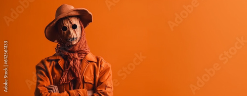 Halloween scary scarecrow orange background, pumpkin face human backdrop for Halloween festive celeberation