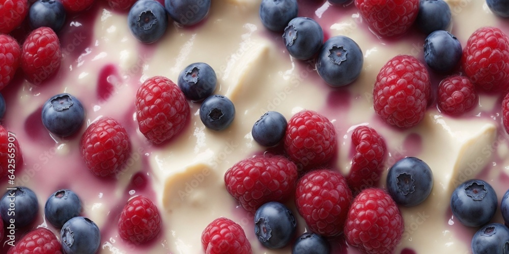 Yogurt with blueberries and raspberries. Yogurt with blueberries and raspberries.