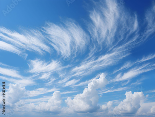 Blue sky with white clouds, long cirrus clouds,  cirrostratus, sunny day, fair weather, bright daylight, sky with few clouds, sky gradient, sky background, nature,  © Ncorp