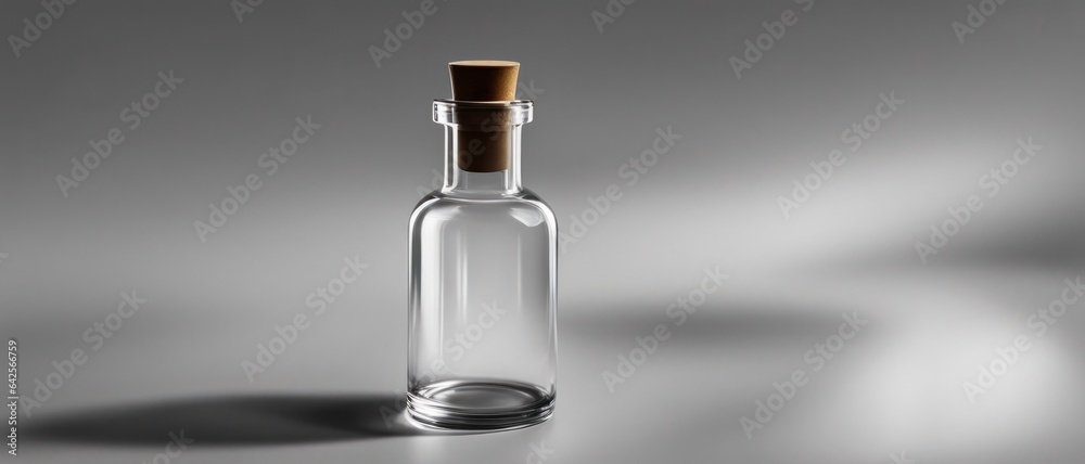 Empty glass jar with wooden stopper, on a gray background Empty glass jar with wooden stopper, on a gray background