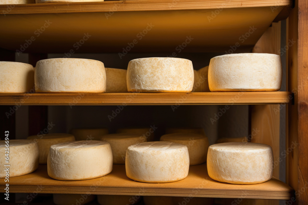 Aged Cow Milk Cheese on Wooden Shelves
