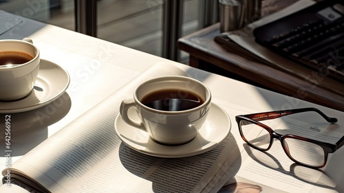 a cup of coffee resting on a table  accompanied by reading glasses  a pen on a newspaper  and an array of stationery. The scene s white interior exudes a serene ambiance.