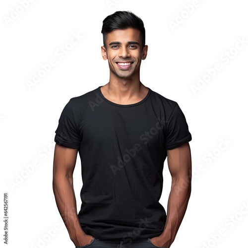 Studio portrait of joyful young man in casual attire Attractive Indian man with contemporary haircut in black shirt standing with arms crossed alone against transparent background gazing at 