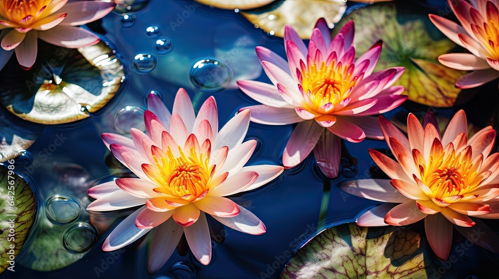 Close-up of water lilies floating on a pond, emphasizing their vibrant colors and intricate patterns.