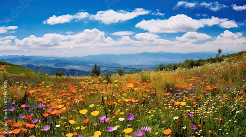 Fotografia A panoramic view of a hillside blanketed in colorful wildflowers during spring