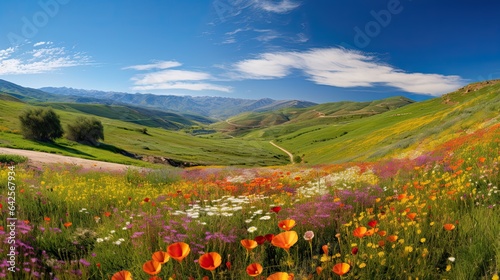 Vászonkép A panoramic view of a hillside blanketed in colorful wildflowers during spring