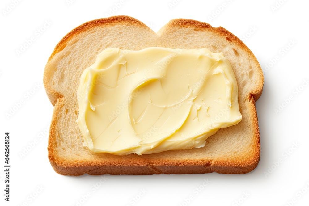 Creamy butter spread over a fresh slice of bread, isolate against a clean, white backdrop. Generative AI Creamy butter spread over a fresh slice of bread, isolate against a clean, white backdrop. Generative AI