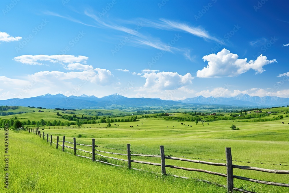 Panoramic natural landscape with green grass field, blue sky with clouds and and mountains in background. Panorama summer spring meadow. Shallow depth of field.