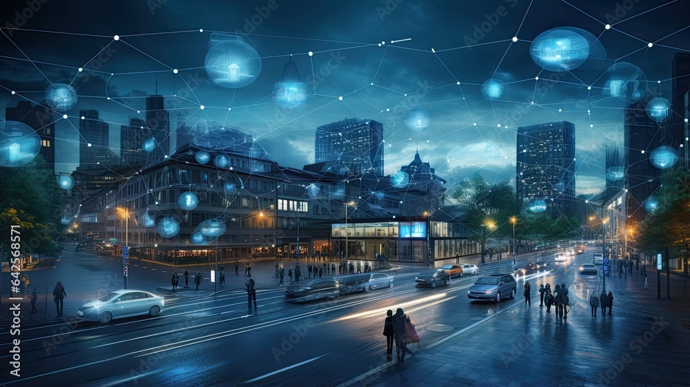 a smart city, where intelligent communication networks interconnect through a web of wireless technologies. The scene reflects the synergy between urban life and cutting-edge connectivity.