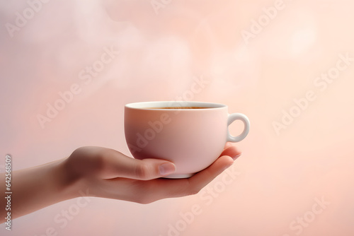 Minimal morning breakfast scene with female hand holding a cup of hot coffee or tea on isolated pastel beige pink background with steam. Beverage concept.