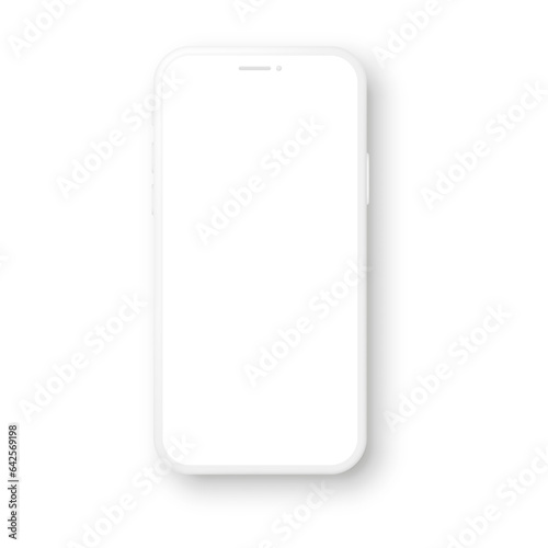 Realistic white mockup smartphone set with blank screen. 3d mobile phone models. Vector illustration