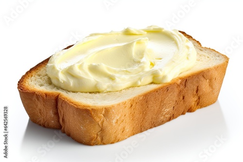 Creamy butter spread over a fresh slice of bread, isolate against a clean, white backdrop. Generative AI