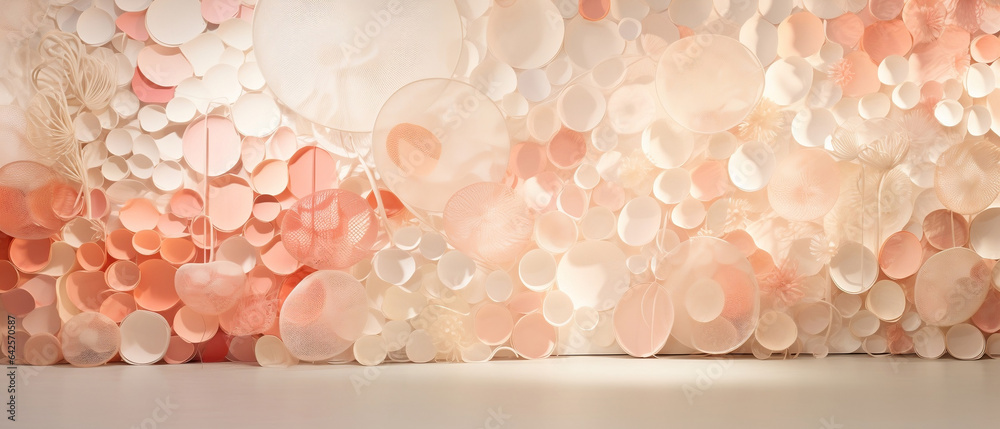 Abstrakcyjne tło - ściana lub oświetlona scena z balonów i dekoracji. Jasne, pastelowe, brzoskwiniowe odcienie. Miejsce do prezentacji produktu - obrazy, fototapety, plakaty 