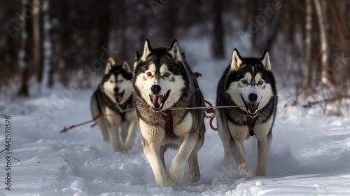 Malamute sled dog racing. Siberian husky dogs pull sled with musher in winter forest.