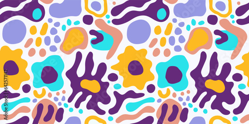 Modern playful vibrant groovy free form shapes and doodle objects seamless vector pattern. Trendy collage elements contemporary design background.