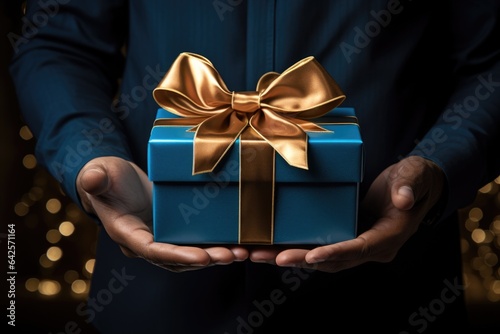 Man in costume holds a blue paper giftbox with vivid gold ribbon bow in his hands. Valentine's Day, Christmas, new year, birthday or holiday concept. Happy Father's day