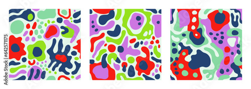Set of modern playful vibrant groovy free form shapes and doodle objects seamless vector patterns. Trendy creative collage elements contemporary design backgrounds.