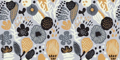 Fototapeta Naklejka Na Ścianę i Meble -  Modern playful hand drawn abstract nature and floral shapes seamless vector pattern. Trendy collage elements contemporary design background.