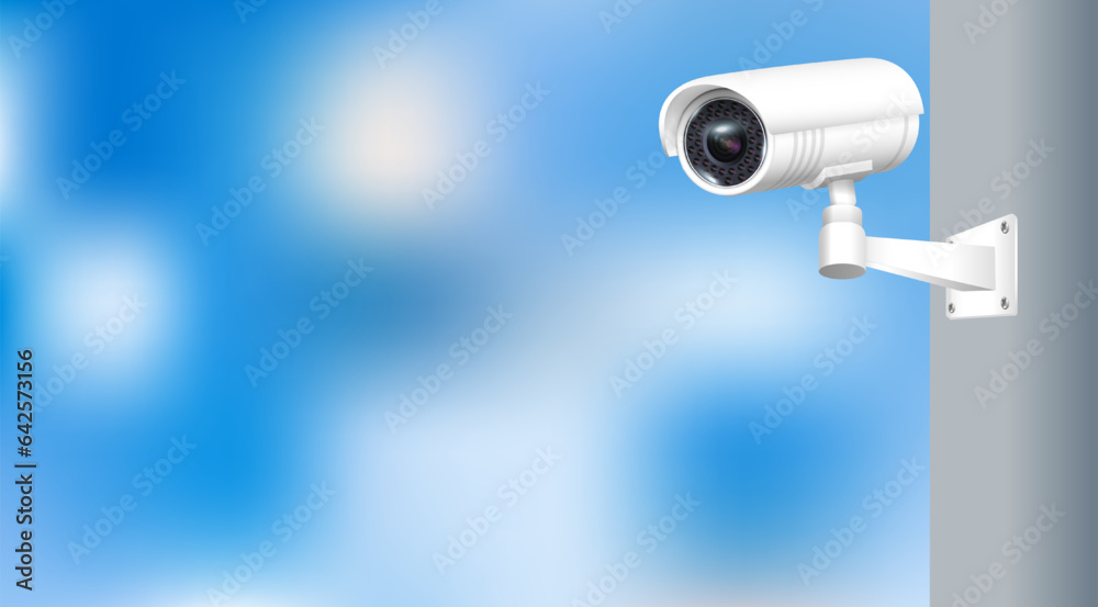 Close up of CCTV camera over defocused background. Security monitoring system for smart home, company. Vector Close up of CCTV camera over defocused background. Security monitoring system for smart home, company. Vector