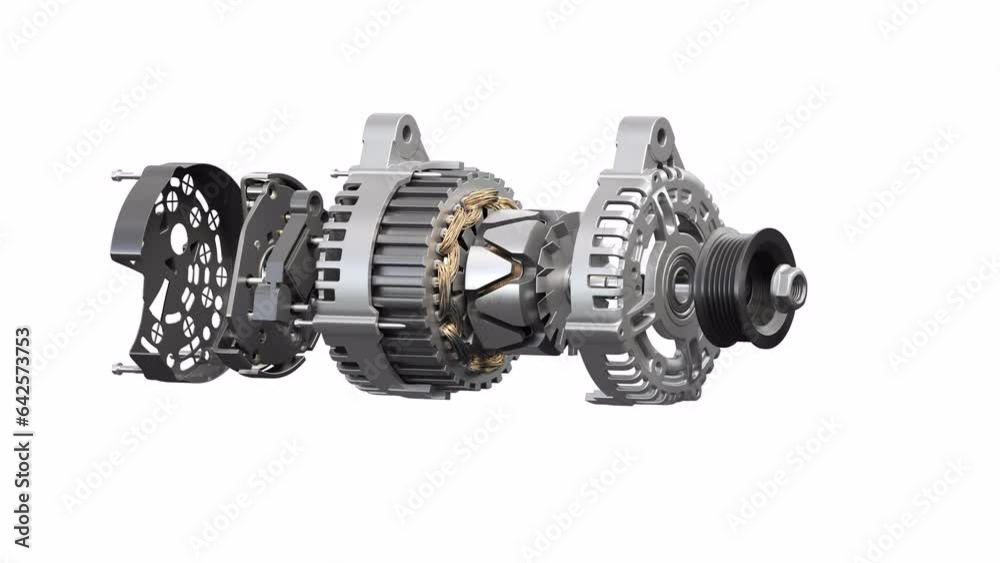 Structire and scheme of car alternator, generator isolated on white. 3d video animation