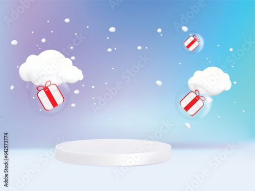 White podium display with gift ball for winter holiday background. New Year and Christmas product presentation.
