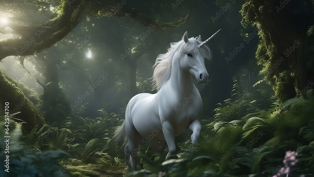 white horse, unicorn galloping through the jungle forest white horse, unicorn galloping through the jungle forest