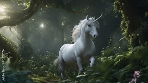white horse  unicorn galloping through the jungle forest