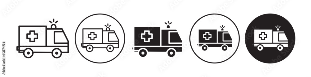 Ambulance icon. Emergency first aid support vehicle symbol. Vector set of hospital health care treatment transport car van for urgent need. Flat outline of medical truck with siren to provide help
Ambulance icon. Emergency first aid support vehicle symbol. Vector set of hospital health care treatment transport car van for urgent need. Flat outline of medical truck with siren to provide help