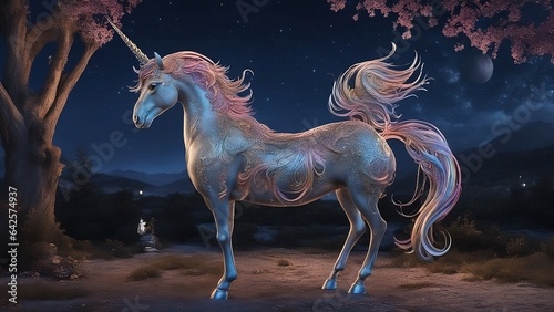 blue and pink unicorn, horse in the evening forest
