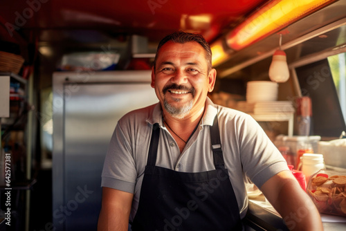 Close-up portrait of a Mexican seller of a food truck, smiling