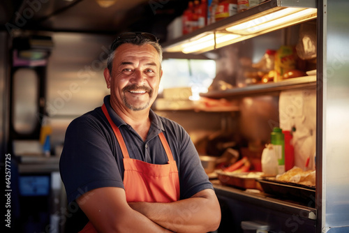 Close-up portrait of a caucasian seller of a food truck, smiling © zakiroff