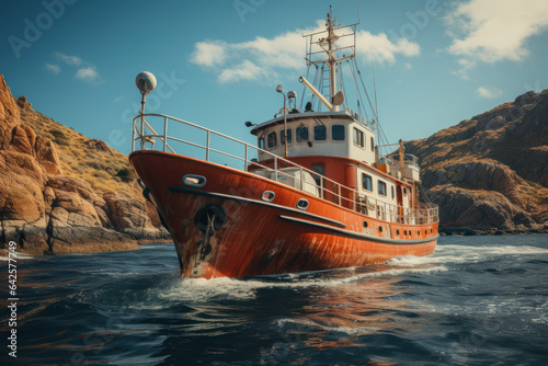 A research vessel sails through open waters, carrying scientists on a mission to study and protect marine species and their habitats. Generative AI.
