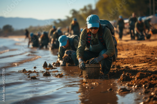 Fototapeta Naklejka Na Ścianę i Meble -  A group of volunteers participates in a beach cleanup, helping to preserve the ocean's biodiversity by preventing litter from entering the water. Generative AI.