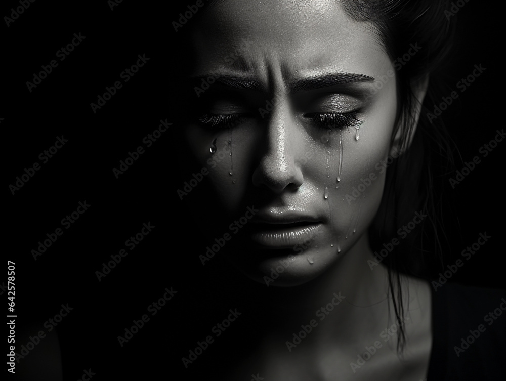 Deep sorrow: Monochrome shot of a woman, mascara running, a single tear rolling down her cheek, a soft - focus black background to accentuate the emotion Deep sorrow: Monochrome shot of a woman, mascara running, a single tear rolling down her cheek, a soft - focus black background to accentuate the emotion