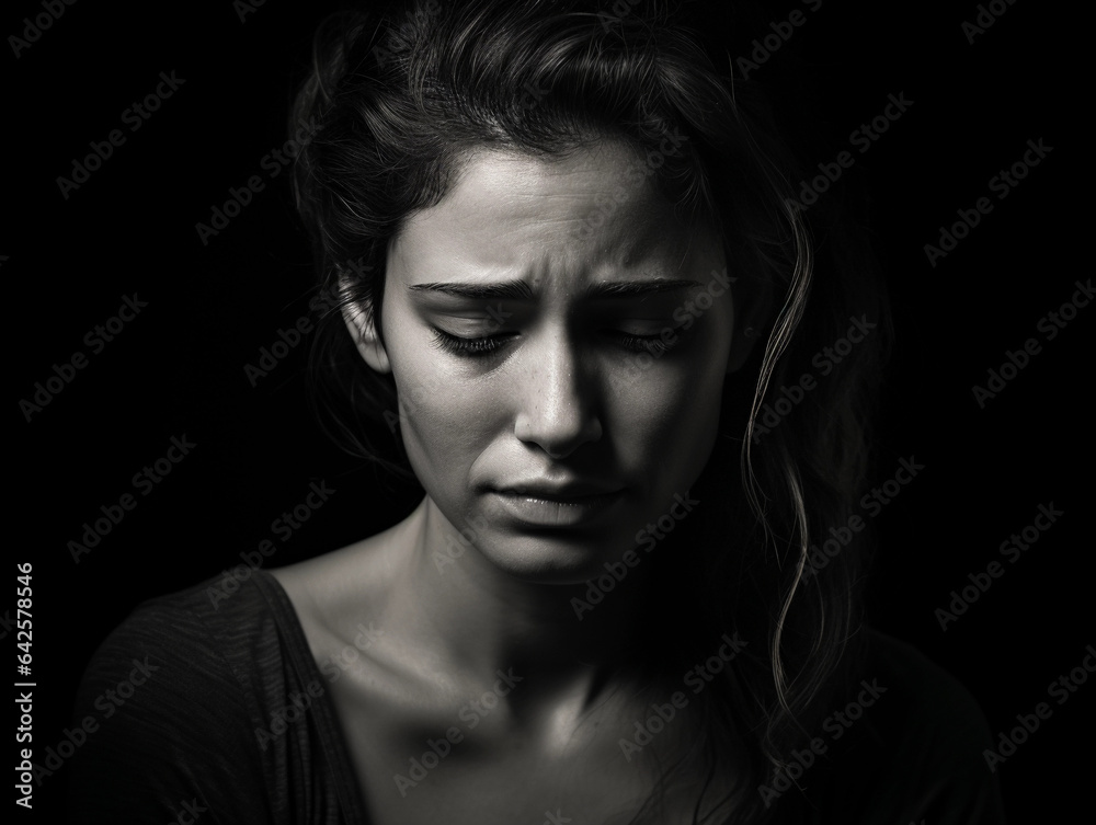 Deep sorrow: Monochrome shot of a woman, mascara running, a single tear rolling down her cheek, a soft - focus black background to accentuate the emotion