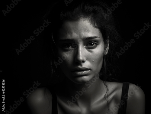 Deep sorrow: Monochrome shot of a woman, mascara running, a single tear rolling down her cheek, a soft - focus black background to accentuate the emotion