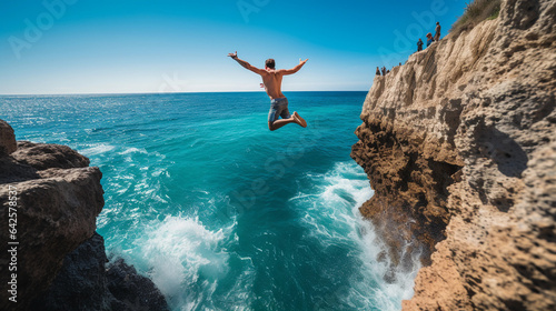 Stampa su tela Cliff Jumping: A daring individual captured mid - leap off a towering cliff into