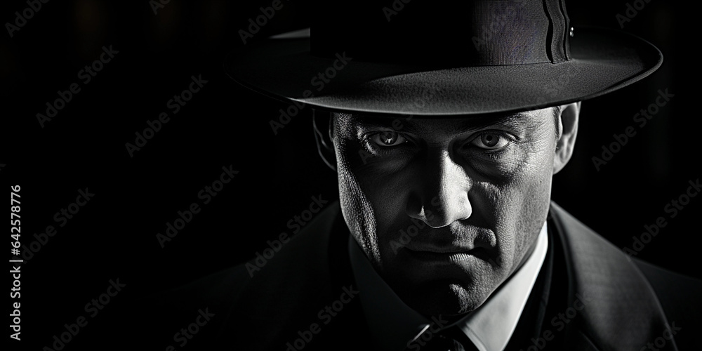 Intrigue: Black and white shot of a detective type character, hat pulled low, eyes squinting skeptically, a chiaroscuro effect for a classic film - noir look