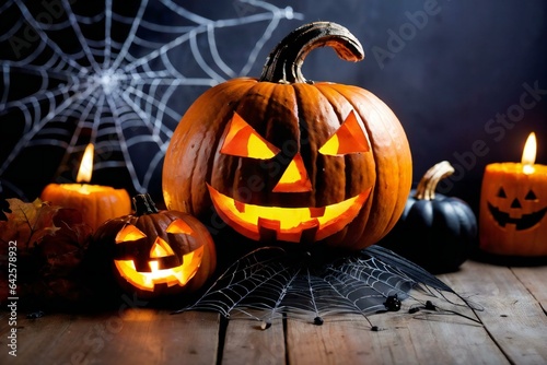 Halloween theme, a group of carved pumpkins sitting on top of a wooden table