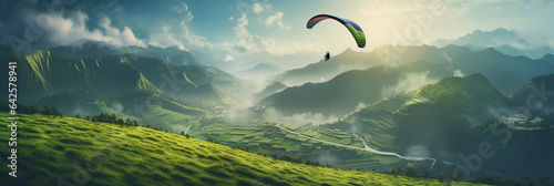 Paraglider soaring over lush green landscape, serenity meets thrill, birds - eye view, soft ambient lighting enhancing textures