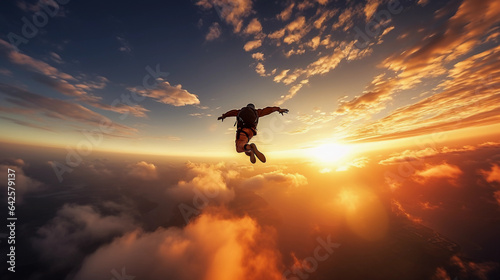 Skydiver in freefall, bright orange sunset sky, adrenaline rush, action - packed