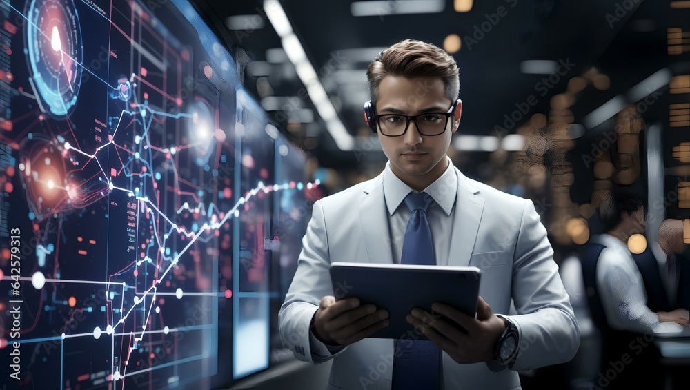 businessman using a tablet to analyze large data sets in a time-sensitive scenario businessman using a tablet to analyze large data sets in a time-sensitive scenario