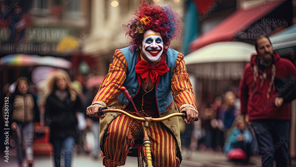 A very happy looking clown, dressed in outlandishly colourful clothing cycling down a city street.