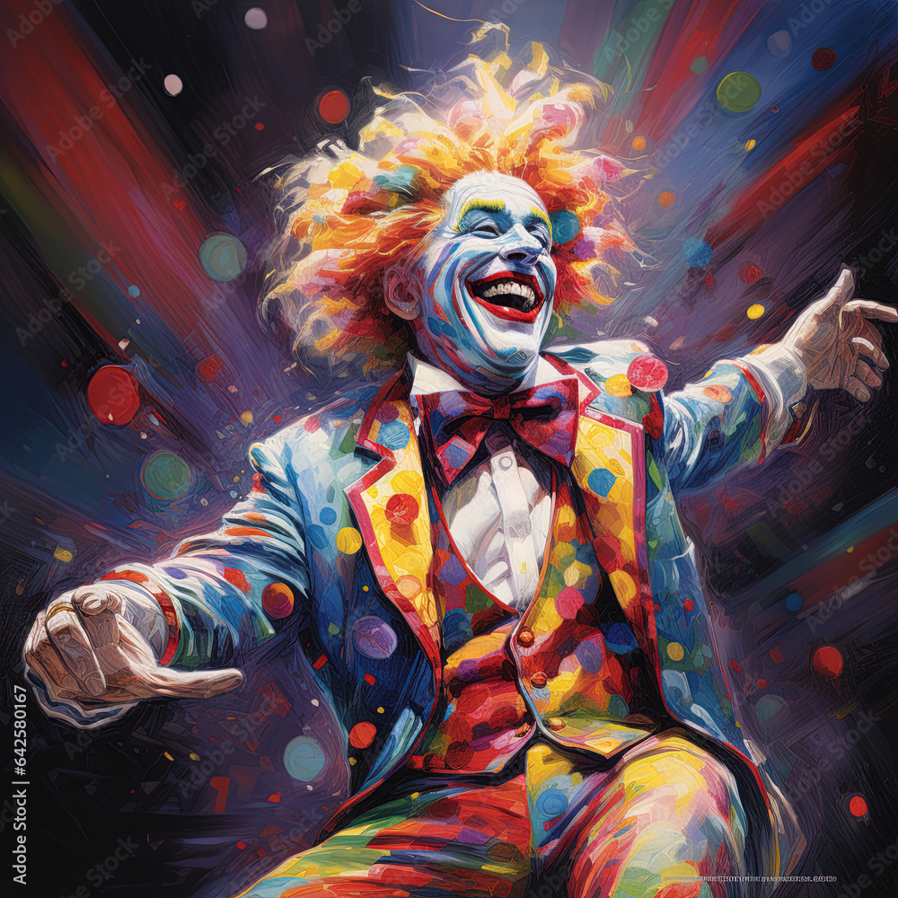 A very happy expressive clown with arms outstretched performing under the Big Top of the circus..