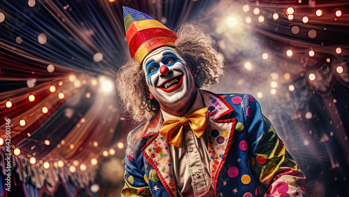 A very happy clown, with very colourful clothes and hat and a red nose, standing under the bright lights of the big top..